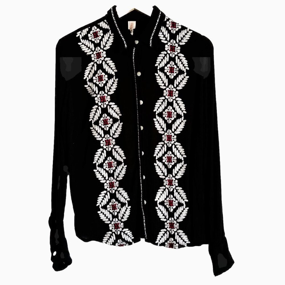 Raga Black Embroidered Button Up Boho Western Top Size Small Country Aztec